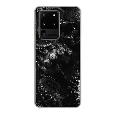Produktbild von MuchoWow® Handyhülle Schutzhülle Hülle für Samsung Galaxy S20 Ultra Nahaufnahme Oktopus auf schwarzem Hintergrund in schwarz und weiß Silikon Softcase Handy Hülle - Karteninhaber
