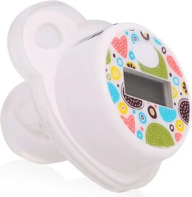 A digital thermometer in the shape of a pacifier with a colorful patterned surface.