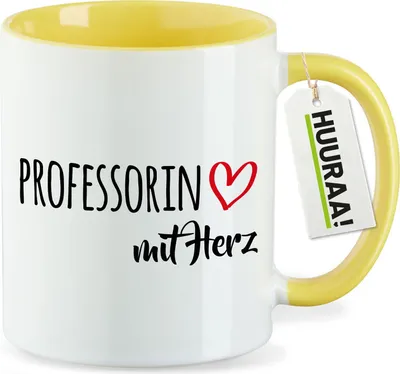 Produktbild von Huuraa Kaffeetasse Professorin mit Herz 330ml Gelb Keramik Kaffeebecher Geschenkidee