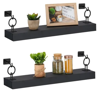 Productafbeelding van TRANKIELO® - Set van 2 zwevende wandplanken - HxBxD: 13x48x12 cm - MDF & metaal - Modern zwart design