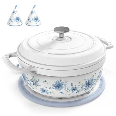 Produktbild von 4,7L Gusseisentopf  Blaues Muster – Inklusive Ofenhandschuhe & Untersetzer – Geeignet zum Backen