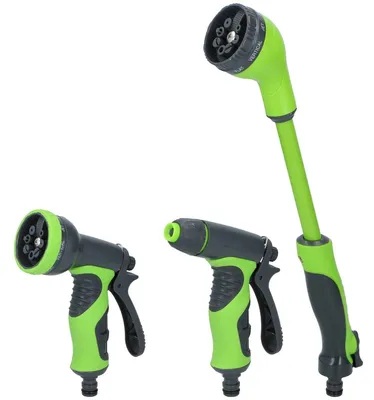 Produktbild von Kinzo 3teiliges Sprühkopf-Set Gartenschlauch - Sprühpistole, Spritzpistole und ausziehbarer Sprühkopf 15" - 8 Sprühstufen - Gartenschlauchanschluss - Grün/Schwarz