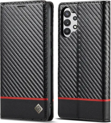 Image de Etui pour Samsung Galaxy A32 5G/4G Etui en cuir carbone avec porte-cartes, aimant et support Noir Horizontal Rouge