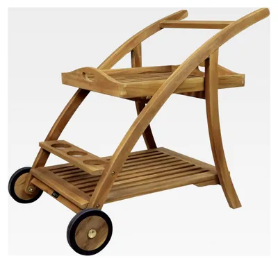 Produktbild von Servierwagen aus Teakholz mit abnehmbarem Tablett und Flaschenhalter | Küchenwagen mit Rollen für Garten, Balkon, Terrasse | Rollwagen für Outdoor/Küche | 93 x 62 x 84 cm