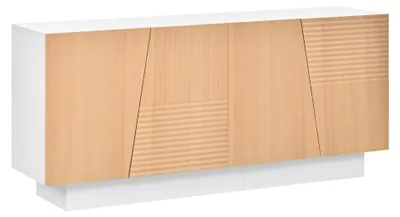 Image de Buffet blanc et effet bois 4 portes asymétriques motifs rainures