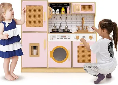 Imagen del producto de Cocina de juguete para niños con accesorios, cocina de juego con luces y sonido, cocina infantil con fregadero, grifo, hornilla, dispensador de agua, nevera, lavadora y microondas, cocina de madera para niños a partir de 3 años (rosa)