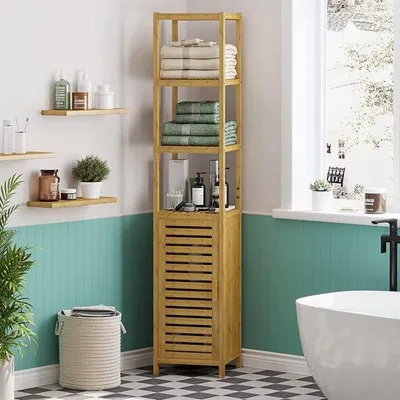 Image de Meuble de salle de bain haut en bambou - Meuble haut avec 3 tiroirs ouverts et un tiroir de rangement - pour la salle de bain, le couloir, la cuisine, le salon