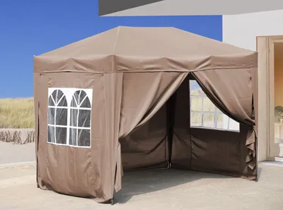 Produktbild von Faltpavillon 2 x 3 m Braunbeige, 4 Easy-Klett Seitenwände (2 Reißverschlüsse, 2 Fenster), Pop Up Pavillon Faltbar, mit Tragetasche