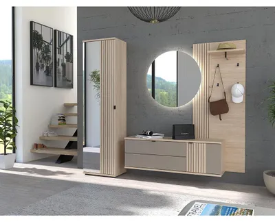 Produktbild von Garderobenmöbel Set mit Schuhschrank & Spiegel mit LED in Eiche mit grau, 4-teilig, PALADE-36