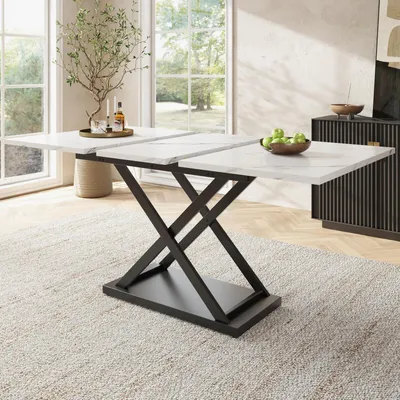 Obrázek produktu pro Rozkládací obdélníkový jídelní stůl, rozměry 120-160 x 80 x 75 cm, bílá barva, s kovovými nohami ve tvaru kříže