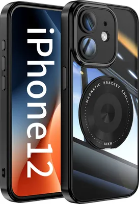 Produktbild von Handyhülle für iPhone 12 Transparent Militärschutz mit Magnetring Ständer und Kameraabdeckung Schwarz