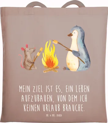Produktbild von Mr. & Mrs. Panda Tote Bag Pinguin Lagerfeuer - Braun Pastell - Geschenk, Maus, Tasche, Einkaufstasche, Marshmallows, Job, Unitasche, Shopping, Jutebeutel, Liebe