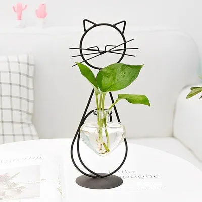 Produktbild von Glasen Blumenstand mit Katzenform, Hydrokultivierer, Metallrahmen, Pflanzstation, Büro-Blumenhalter.