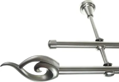 Produktbild von Gardinenstange Set Edelstahl Look Metall Ø 16mm zur Wandbefestigung 2-lauf Flamme, Länge wählbar H24 E24 E17