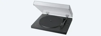 A black turntable with its lid open, shown from a slightly elevated angle against a white background.