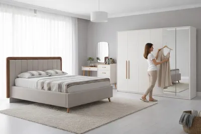Obrázek produktu pro Moderní ložnicová sestava v bílé barvě: postel, šatní skříň, komoda