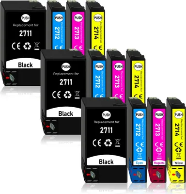 A collection of printer ink cartridges arranged in a staggered pattern against a white background.