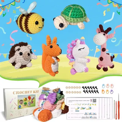 Productafbeelding van Hekelset voor beginners, set van 6 amigurumi dieren om zelf te maken, inclusief garen en accessoires, met bijbehorende video-instructies