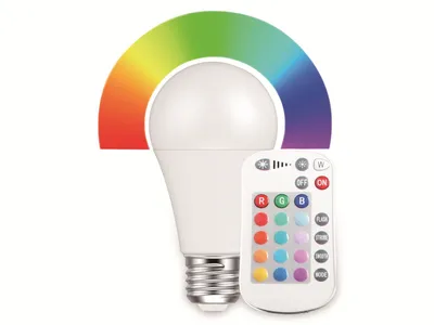 A white LED light bulb with a remote control and a color spectrum graphic.