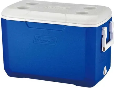 A blue and white Coleman cooler is shown from the front.