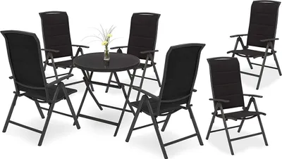 Produktbild von BRUBAKER Garten Sitzgruppe Milano - 1 Glastisch Klapptisch rund 70 cm Ø mit 6 Hochlehner Stühlen - Aluminium - Wetterfest - Anthrazit