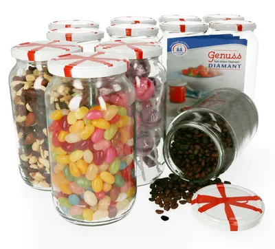 Produktbild von 12er Set Einmachglas 1062 ml Deckel Schleifen-Dekor Rund- / Einkochgläser Vorratsglas Aufbewahrung