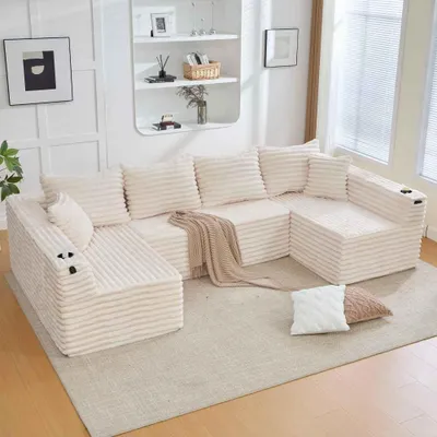 Produktbild von U-förmiges Cord-Sofa, 6-Sitzer, mit Getränkehaltern & Seitentaschen, Federkern, ergonomisch, 4 Rückenkissen, 2 Zierkissen, Wohnzimmer, Beige