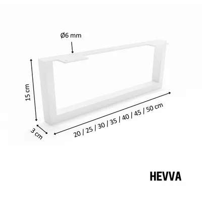 A white metal furniture leg with dimensions indicated.