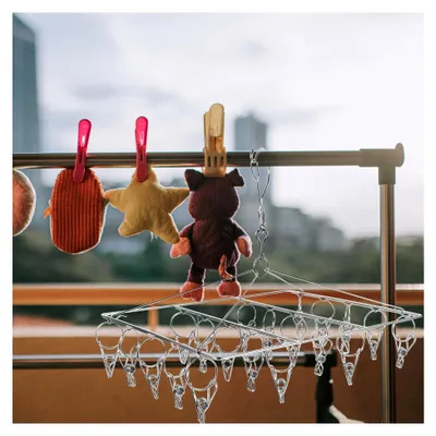 Produktbild von Edelstahl Sockenhalter mit 20 Clips - Windfester Wäscheständer für Socken und Unterwäsche - Multifunktionaler Kleiderbügel für Haushalt und Aufbewahrung