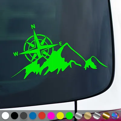 Produktbild von PantherPixel Kompass Berge Aufkleber Windrose Reisen Camping Sticker Auto Geschenkidee Farbe Neon-Grün