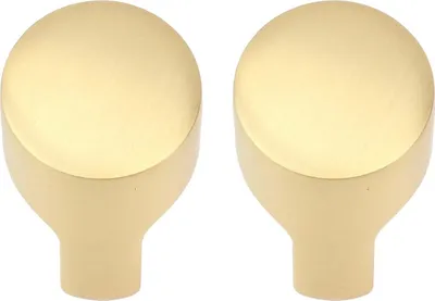 Two gold-colored cabinet knobs are shown against a white background.