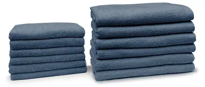 Produktbild von Eleganzzz Badezimmer-Set 12-teilig – Blau  – 100% Baumwolle – 6 Handtücher + 6 Badetücher