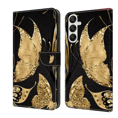 A product shot of a phone case with a butterfly design, shown in both open and closed states.