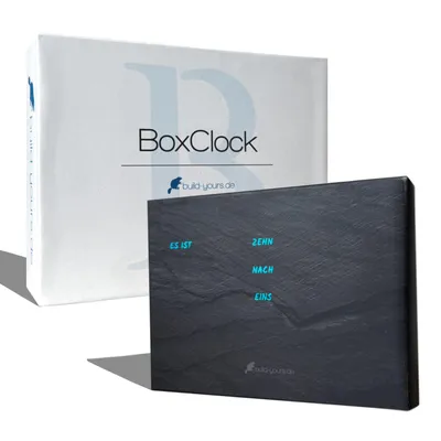 Produktbild von BoxClock Phantom Slate Edition – LED Wortuhr für Tisch & Wand – Schieferoptik mit Phantom Effekt – WLAN & App Steuerung – 16 Mio Farben – Premium Desi