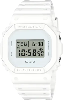 A white Casio G-Shock watch is shown from the front against a white background.