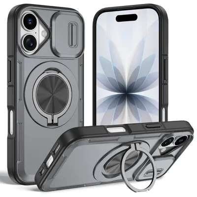Produktbild von Magnetische Hülle für iPhone 17, Militär Stoßfest Handyhülle mit Kameraschutz und Ringhalter Ständer Grau