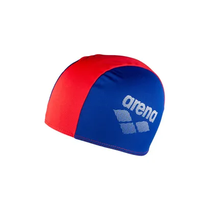 A red and blue swimming cap with the Arena logo.