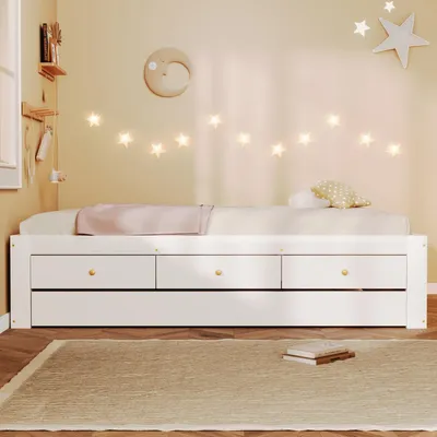 Obrázek produktu pro Postel pro mládež MODFU, 90x200 cm, rozkládací pohovka, dřevěná postel s výsuvnou přistýlkou, jednolůžko, postel s úložným prostorem a 3 zásuvkami, bez matrace, bílá