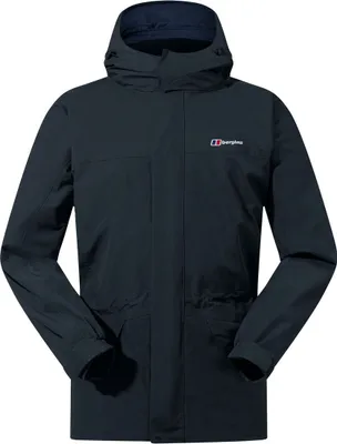 Schwarze Hardshelljacke für Herren von Berghaus; Modell "Cornice InterActive Jacket"; mit Kapuze und Reißverschluss.