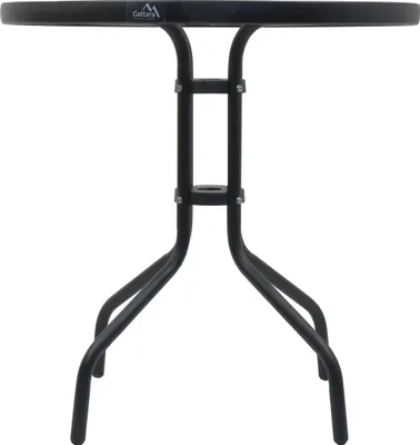 A black round garden table with a metal frame, shown from a front-facing angle against a white background.