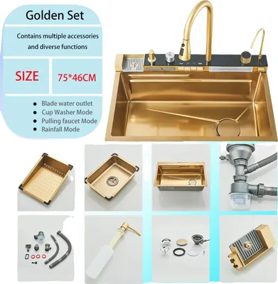 Produktbild von Küchenspüle mit Wasserfall-Armatur, Edelstahlmaterial, großes Einzelbecken-Design, 4-Tasten-Bürste Gold