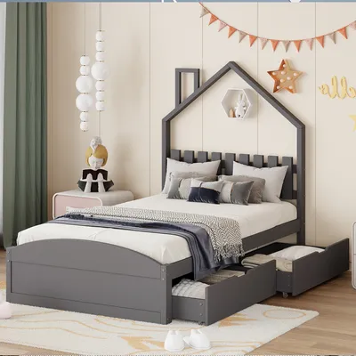 Produktbild von Hausbett mit Lattenrost und Schubladen, 90x200 cm, Kinderbett, Jugengbett, Holzbett, Kiefer