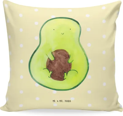 Produktbild von Mr. & Mrs. Panda kissen bedruckt Avocado Kern - Gelb Pastell - Geschenk, Sofakissen 40x40, Lächeln, Spruch Leben, Pflanze, Sofa, 40 x 40, Deko