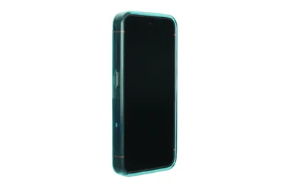 A side view of a blue smartphone case on a white background.