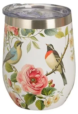 Immagine prodotto di Tazza termica, elegante, ideale come regalo. Motivo: "Kwiaty Classic" - fiori e uccelli. Capacità: 330 ml