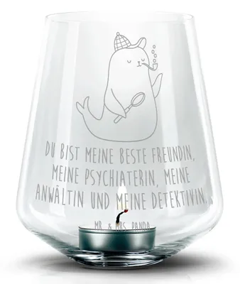 Produktbild von Mr. & Mrs. Panda Kerzenhalter Robbe Sherlock - Transparent - Geschenk, Glas Teelichthalter, gravur, Laterne, Lustige Sprüche, Deko Windlicht