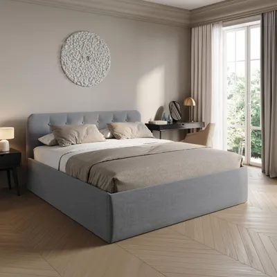 Image de Lit rembourré Home Collective 160 x 200 cm, lit double avec sommier à lattes réglable et coffre de rangement, tête de lit rembourrée, fabriqué en Allemagne | Gris