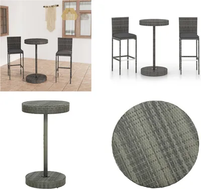 Produktbild von vidaXL 3 tlg. Gartenbar Set mit Kissen Poly Rattan Grau - Bar-Set - Bar-Sets - Bartisch Und Barhocker - Bartisch