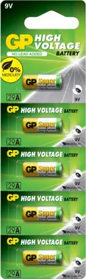 A blister pack of five 9V GP Super batteries.