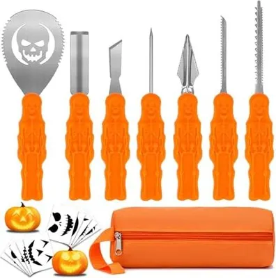 Produktbild von COOLUCK Kürbis Schnitzset mit Vorlagen - 7 Stück Halloween Schnitzwerkzeug Kürbis Carving Set mit Tragetasche und 10 Stück Schnitzvorlagen, DIY Kürbis Schnitzen Tool für Erwachsene und Kinder